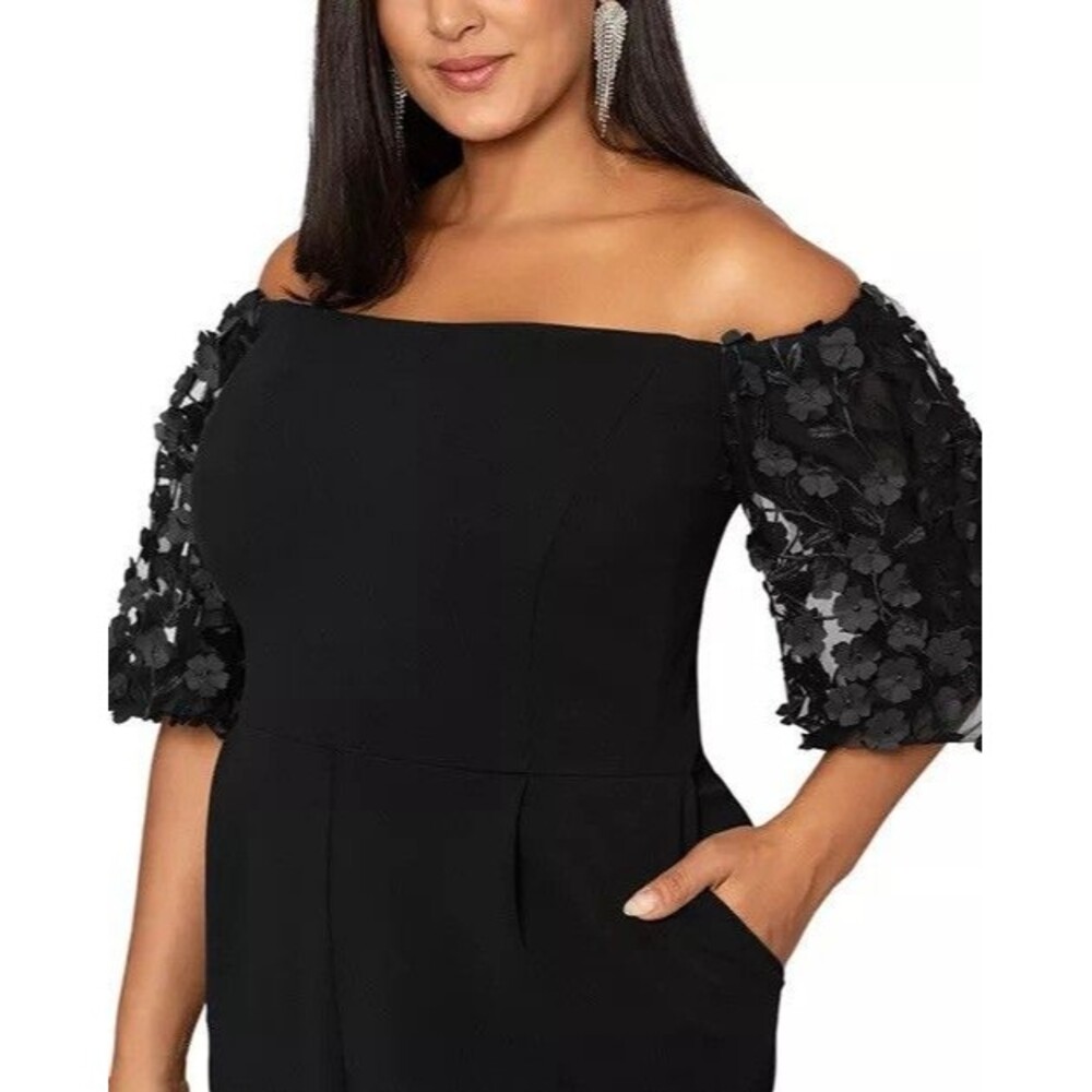 Xscape Jumpsuit Black Scuba Crepe Floral Puff Sleeves Wide Leg NWT Women’s 12 - Picture 3 of 14